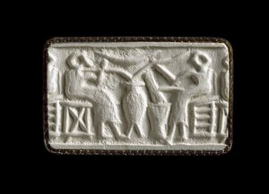 Impresión de sello cilíndrico de dos figuras sentadas bebiendo a través de tubos, Kish, Irak, probablemente c.2500 a.C. (impresión de yeso) de Sumerian